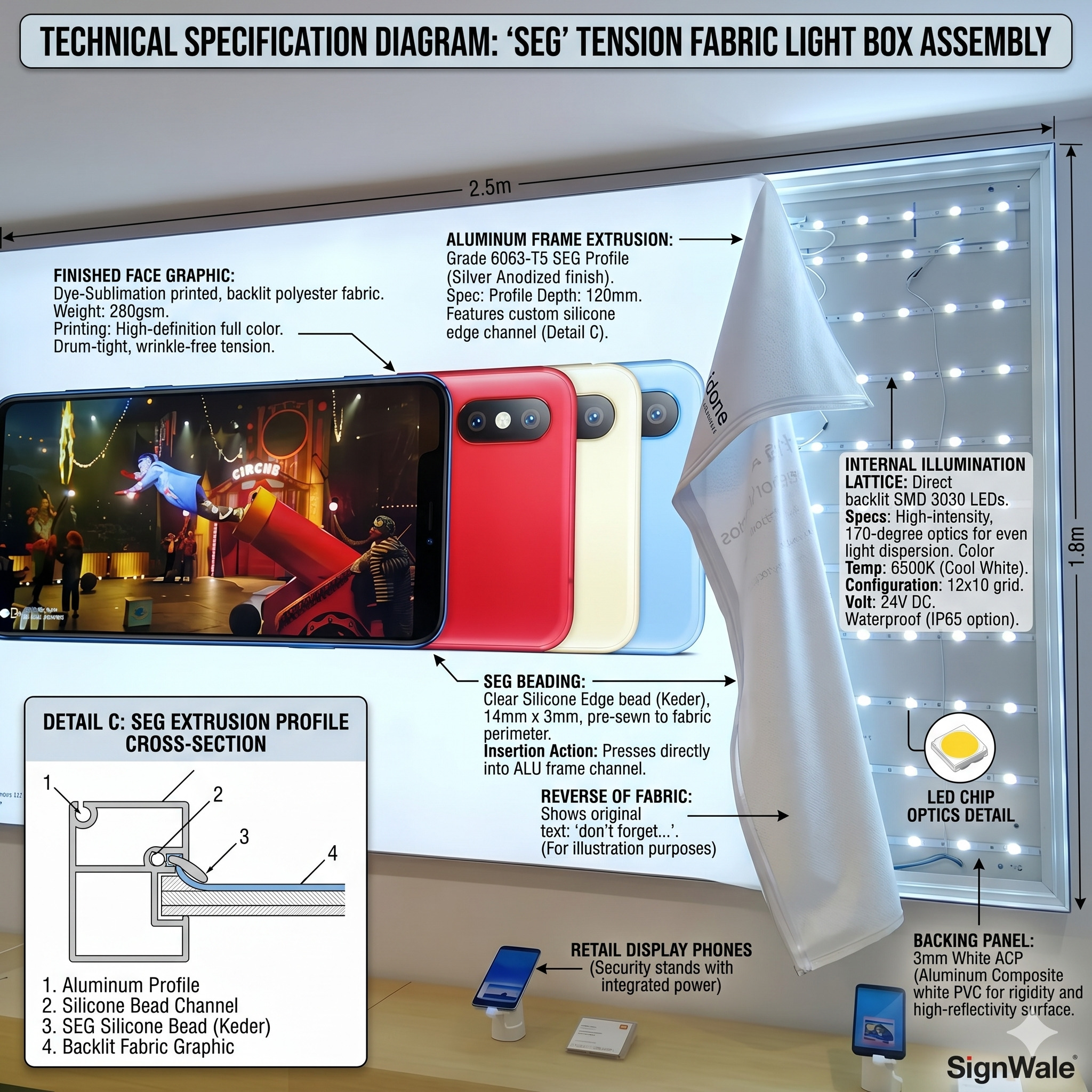 SEG tension fabric light box technical specification diagram
